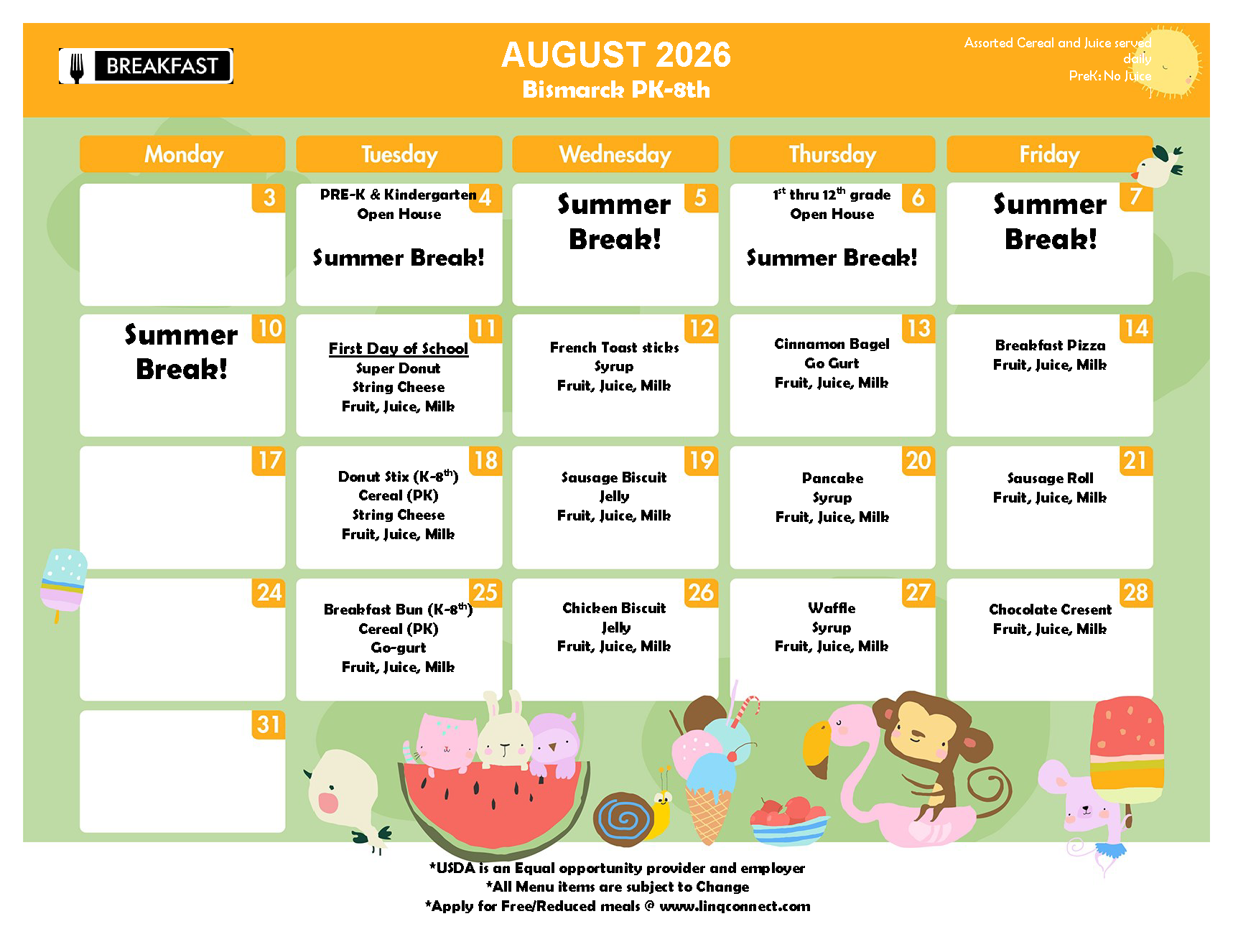 August 2026 Breakfast Menu PreK - 8th
